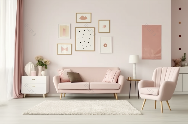 贴着海报的粉色客厅,高清,摄影图,摄影图片,图片大全,摄影图免费下载